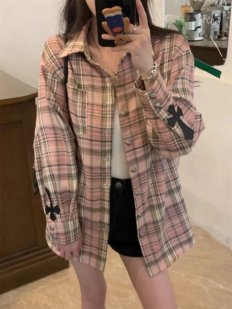 Plaid Shirt Pink Cross Button Up Blouses Female High Street Long Sleeve Tops Hippie Spring Oversize Streetwear Ins Women