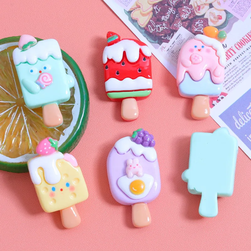 

10Pcs Simulation Ice Cream Popsicle Resin DIY Icebox Hat Barrette Mobile Phone Case Decoration Cream Glue Flat Back Patch