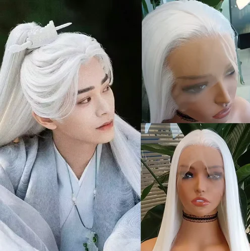 Cosplay Wig White Synthetic Lace Front Wigs For Women Or Men Use Long Straight Hair Black Silky Straight Natural Daily