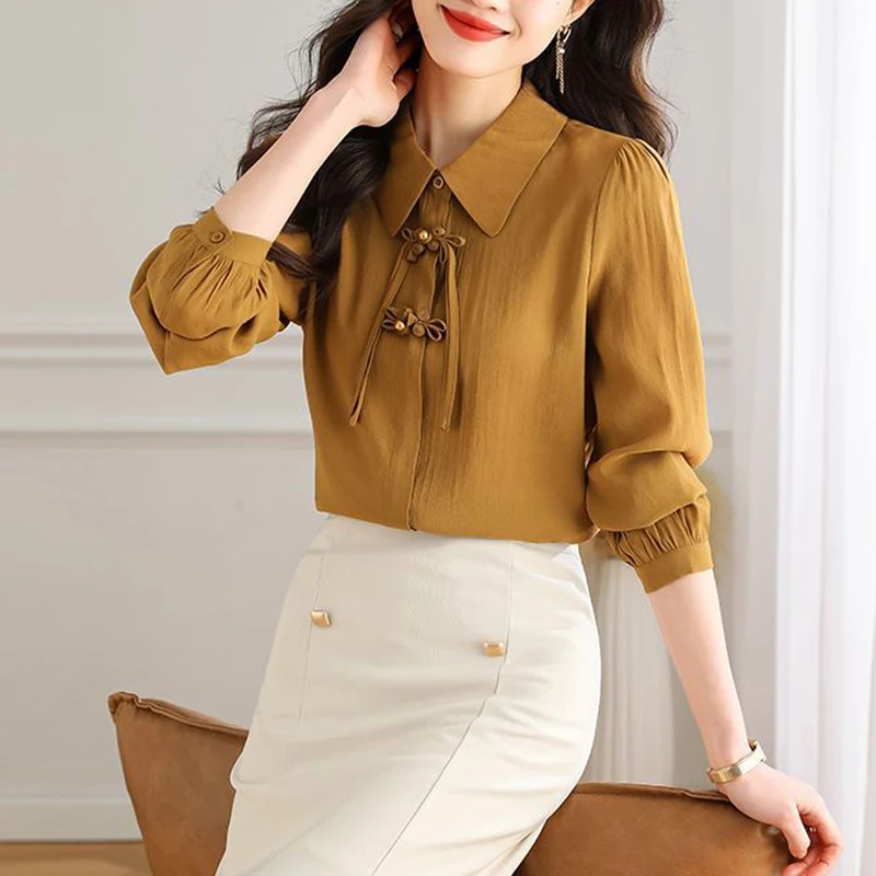 Women\'s Clothing Vintage Stylish Chinese Style Button Up Shirt Office Lady Elegant Commuting Blouse Solid Long Sleeve Loose Tops