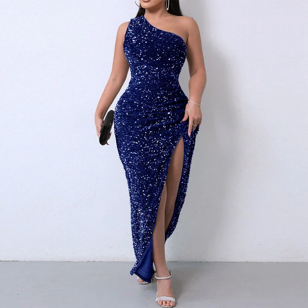 Single Shoulder Velvet Bodycon Women'S Dress Glitter Slim Sequin Female Elegant Formal Dresses Party Evening Prom Gala Vestidos