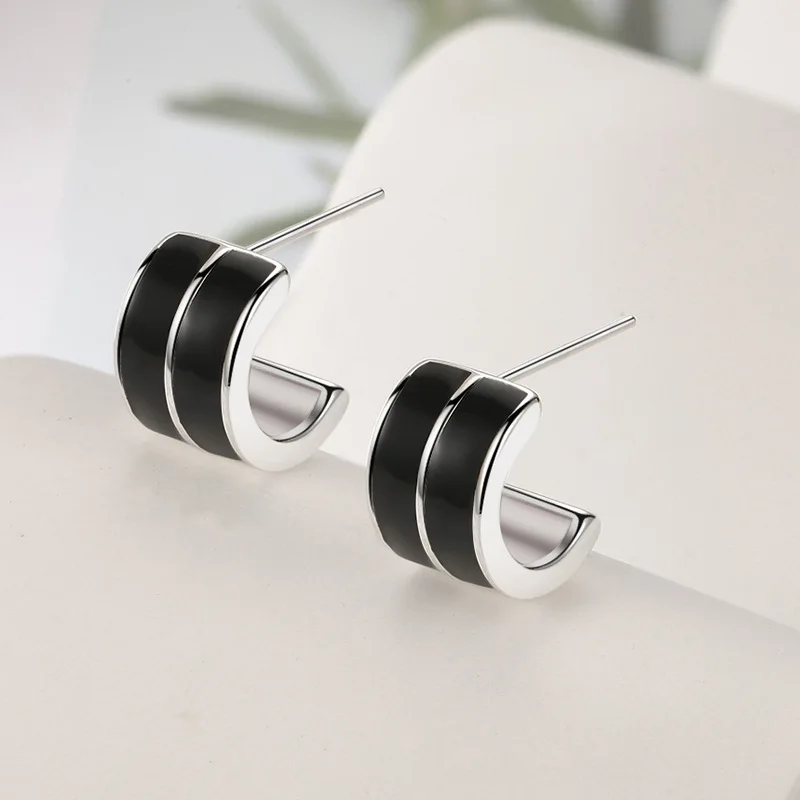 Korean Light Luxury Curved Drip Glue Double-layer Earrings C-shaped Versatile Fashion 925 Silver Ear Stud Women Jewelry KOFSAC