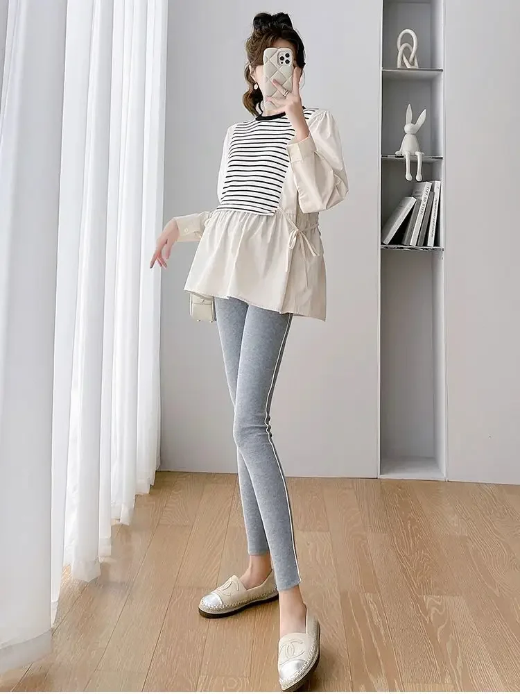 Korean Style Striped Patchwork O-Neck Puff Sleeve Maternity Shirts Loose Fashion Pregnant Woman Blouse Pregnancy Cotton Top Tees