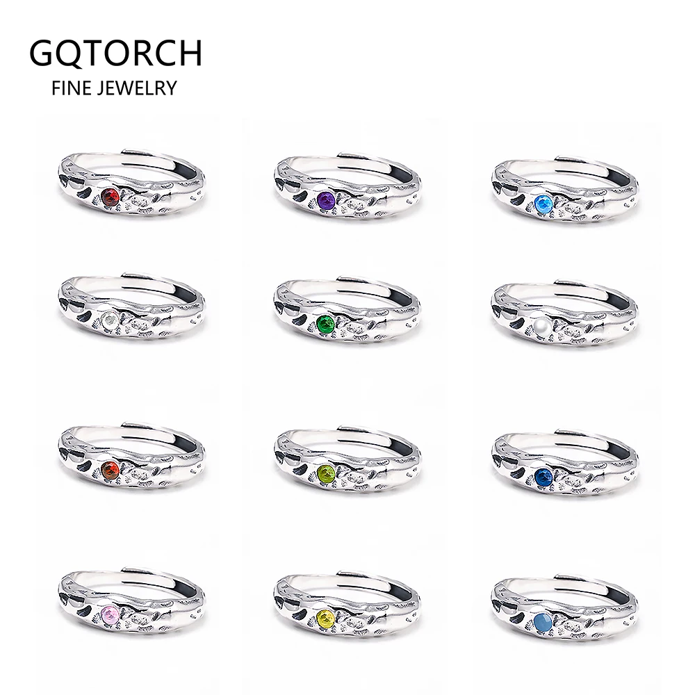 

Solid 925 Sterling Silver Zircon Birthstone Ring for Women Irregular Hammered Adjustable Simple Fashion Daily Jewelry Party Gift