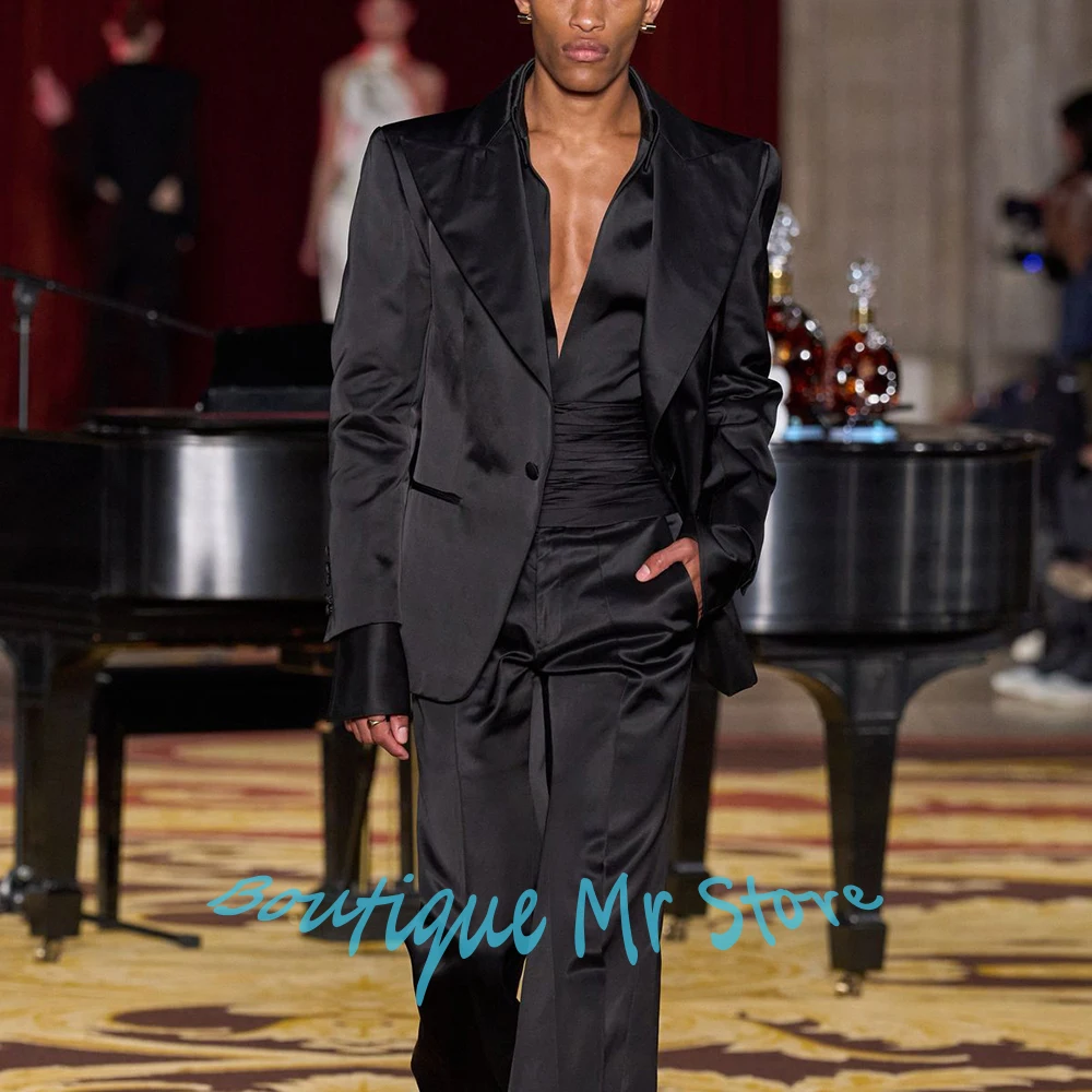 

Элегантный мужской черный костюм на одной пуговице, комплект из 2 предметов с широкими остроконечными лацканами (куртка + брюки), деловой современный костюм для свадебной вечеринки, банкета