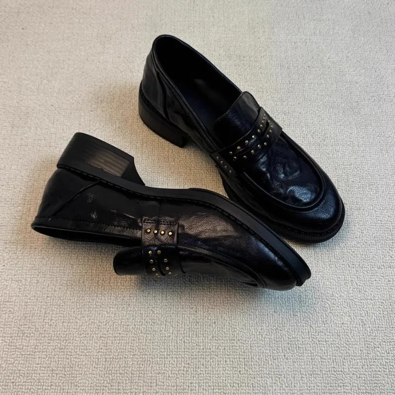 Black Studded Patent Leather Loafers Women's Dark Cool Unique Daily Versatile Low Heel Comfortable Commute Street Wear Loafers