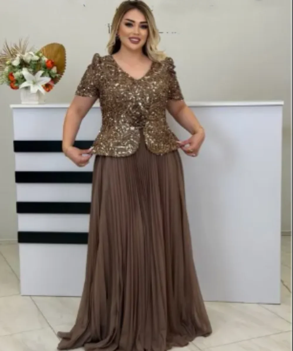 

Customized Classic Chiffon Pleat Sequined Party A-line V-neck Bespoke Occasion Gown Long Dresses