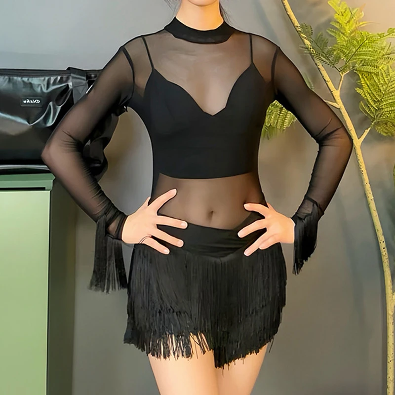 Tops de baile latino para mujer, mono sexy de malla ultrafina de manga larga con estampado de leopardo, ropa de entrenamiento Cha Rumba, ropa de práctica latina