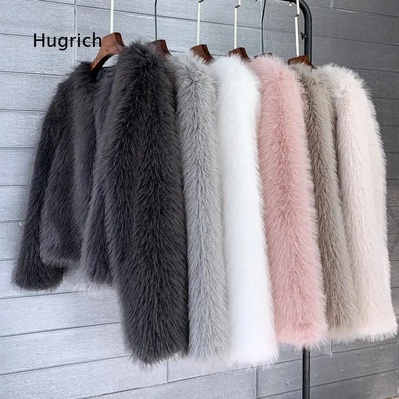Korean Style Solid Color Short Women Faux Fur Jacket Faux Toscana Fur Notched Collar Casual Outerwear Suitable For Autumn And W