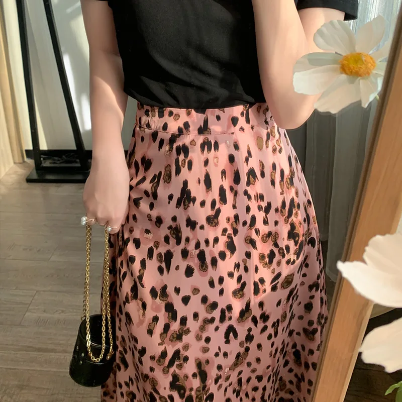 Pink Leopard Print Skirt Sweet Cool Cute Thin Mid-length A-line Skirt Spring/Summer Women Vintage Outerwear Clothing