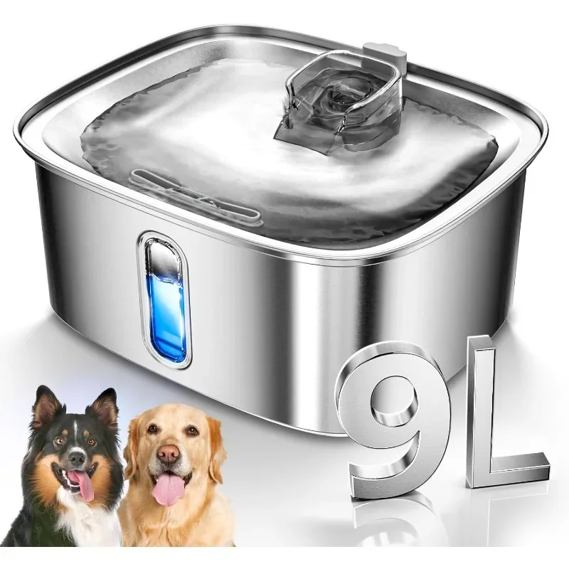 

Dog Water Fountain for Large Dogs, 9L/2.4Gal Stainless Steel Dog Fountain with Water Level Window & Filtration,