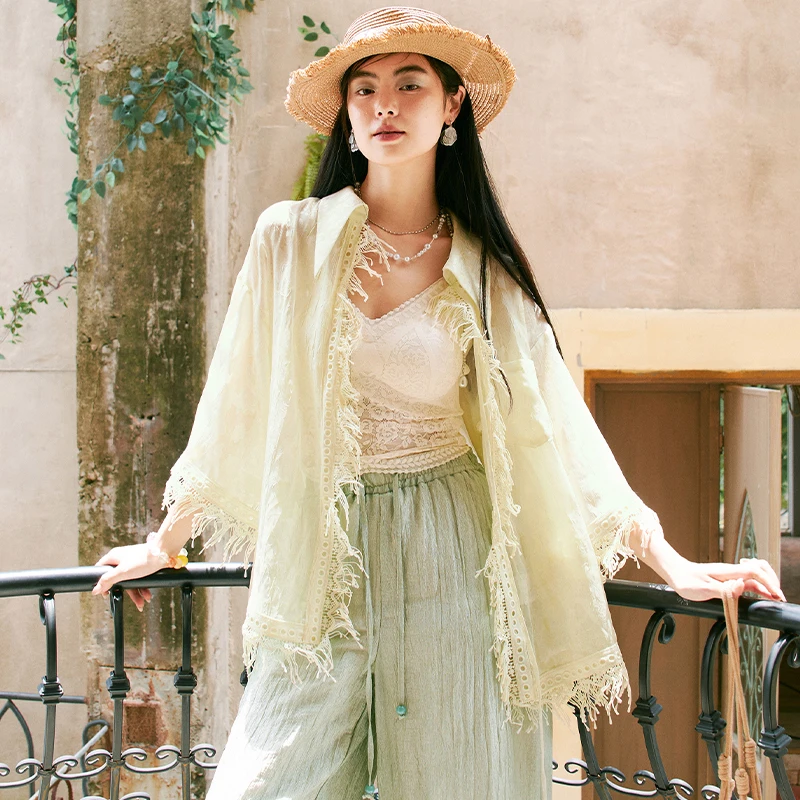 ELFSACK Sheer Jacquard Lace Blouse with Tassel Trim, Loose 3/4 Sleeve Collared Shirt, Elegant Vacation & Office Top