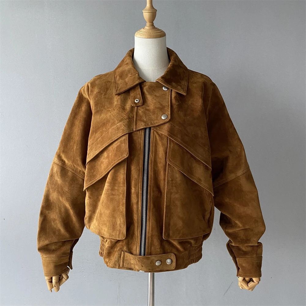 Jaxmonoy jaqueta de couro de camurça real para mulheres 2025 outono nova chegada casaco de pele de carneiro oversized senhora moda jaquetas de couro genuíno