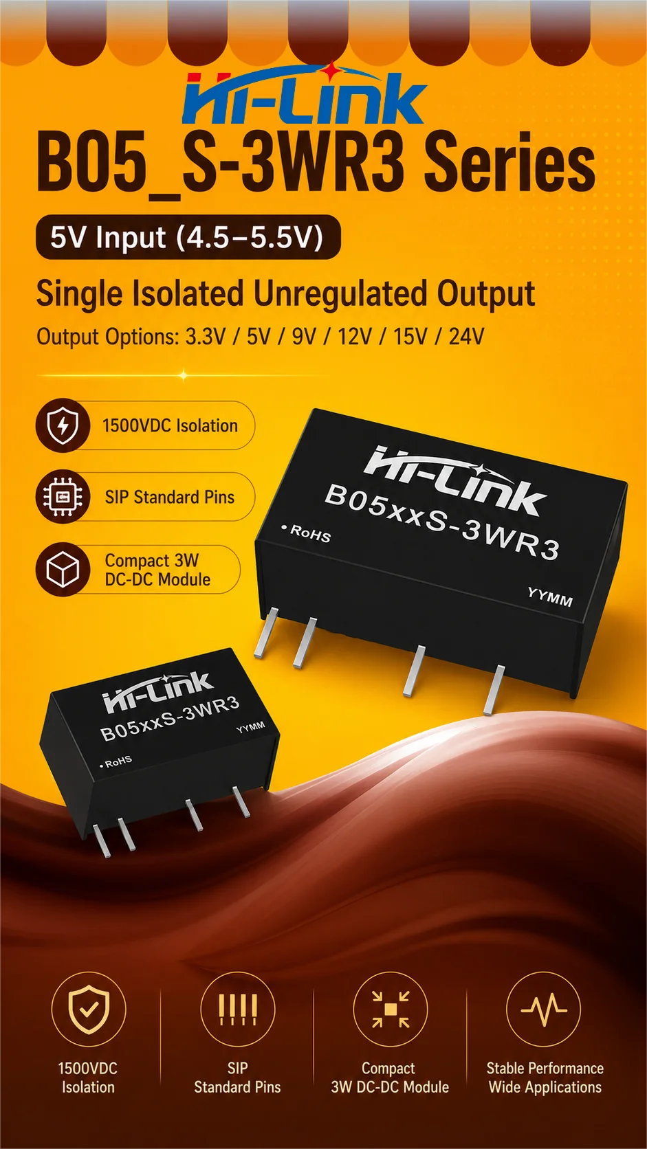 Hi-Link3W Compact SIP Regulator B0512S B0524S 5V Fixed Input Small Plastic Casing Isolated Step Down On Board Power Assembly