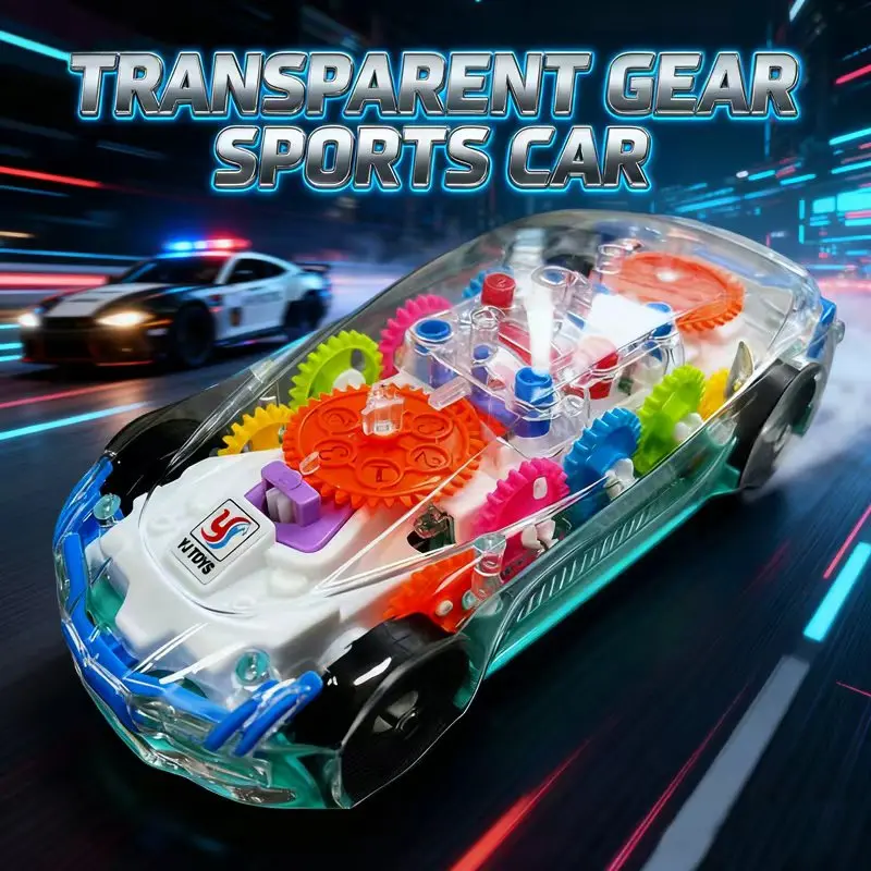 Boy's Favorite Car Toy, Transparent Gear Rotating Sound and Light Sedan, Universal Walking, Baby's Favorite Toy Gift