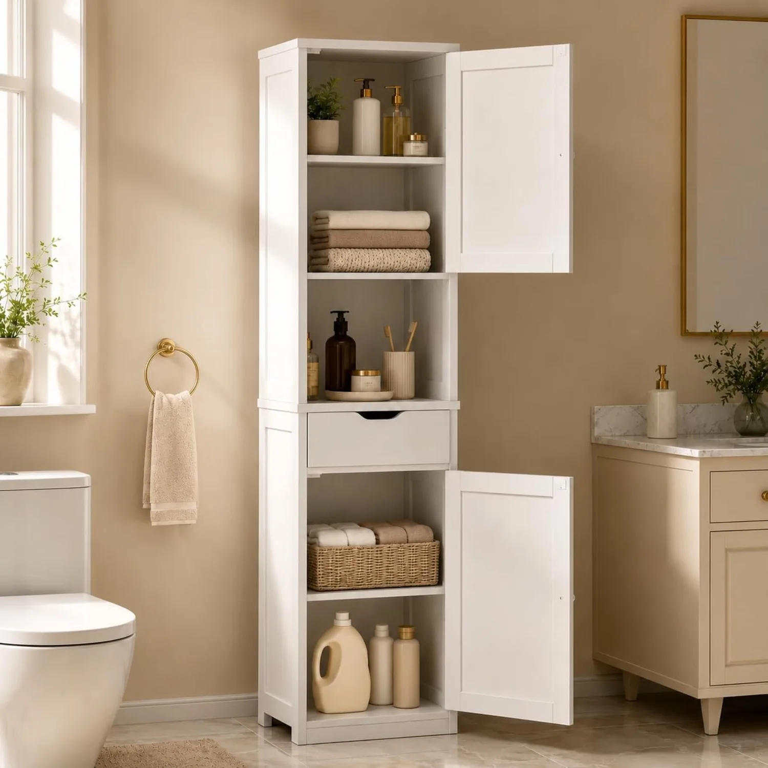 Tall Bathroom Storage Cabinet with Freestanding Adjustable Shelves, Narrow Storage Linen Cabine for Bathroom, Customized