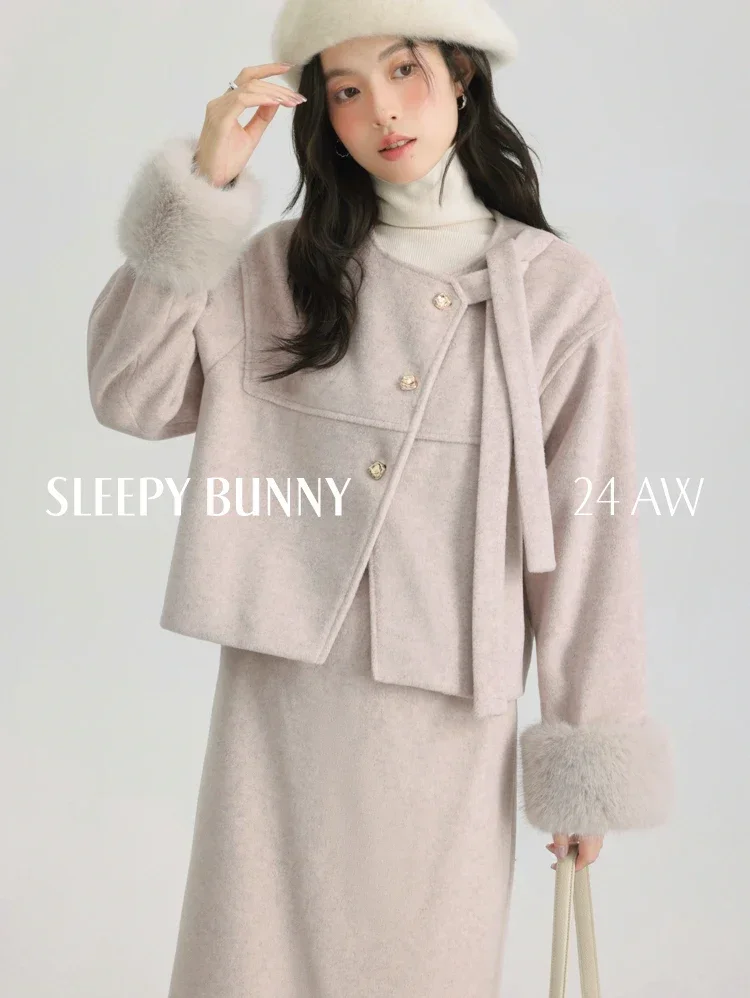 2025 Winter Women Faux Fur Sleeve Woolen Coat with Vintage Gold Buttons and High-Waist Skirt Elegant Two-Piece Fashion Suit Set