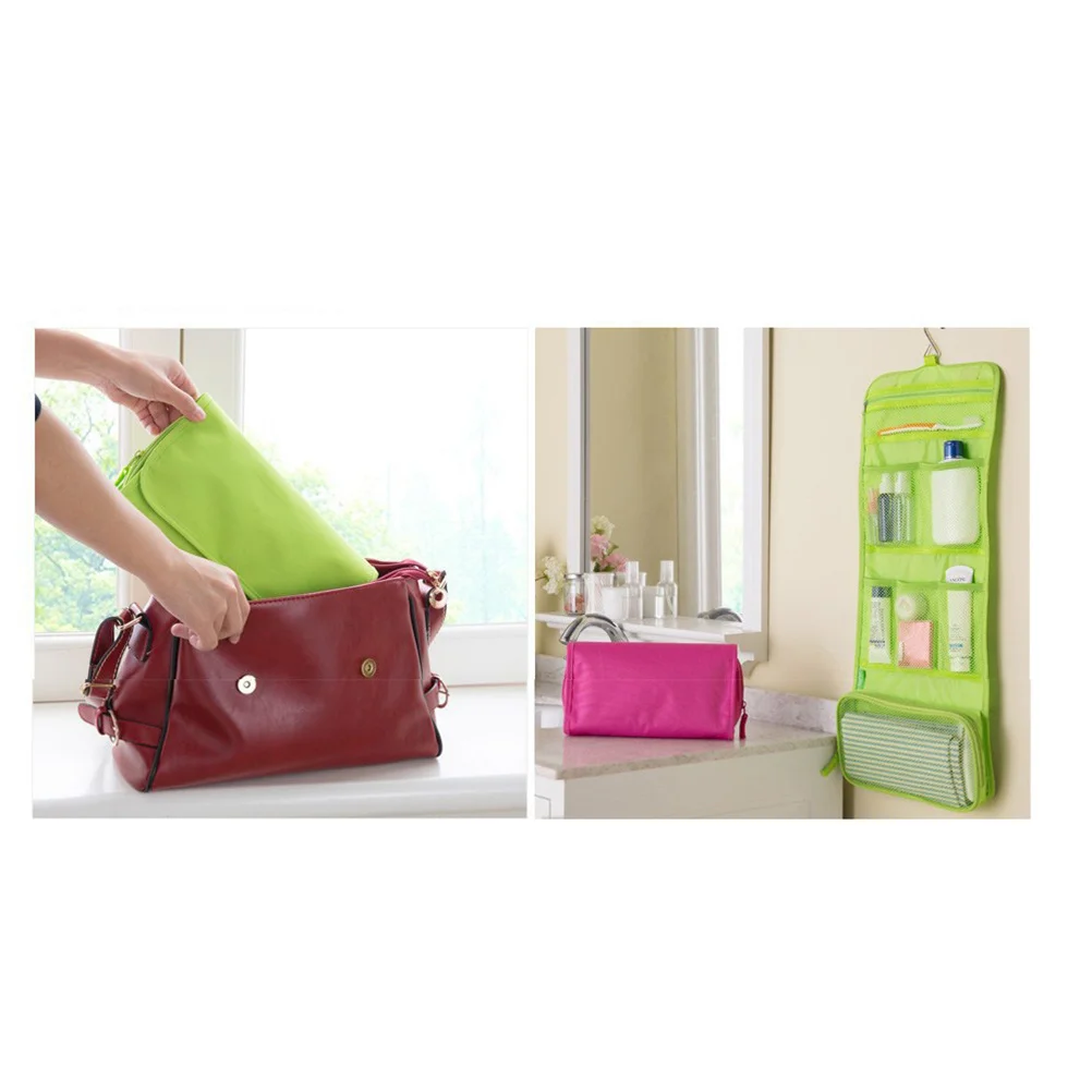 多機能トラベルトイレタリーバッグ ライトグリーン キャンバス製 吊り下げ式 折りたたみオーガナイザー フック付き ポータブル 大容量 折りたたみ式