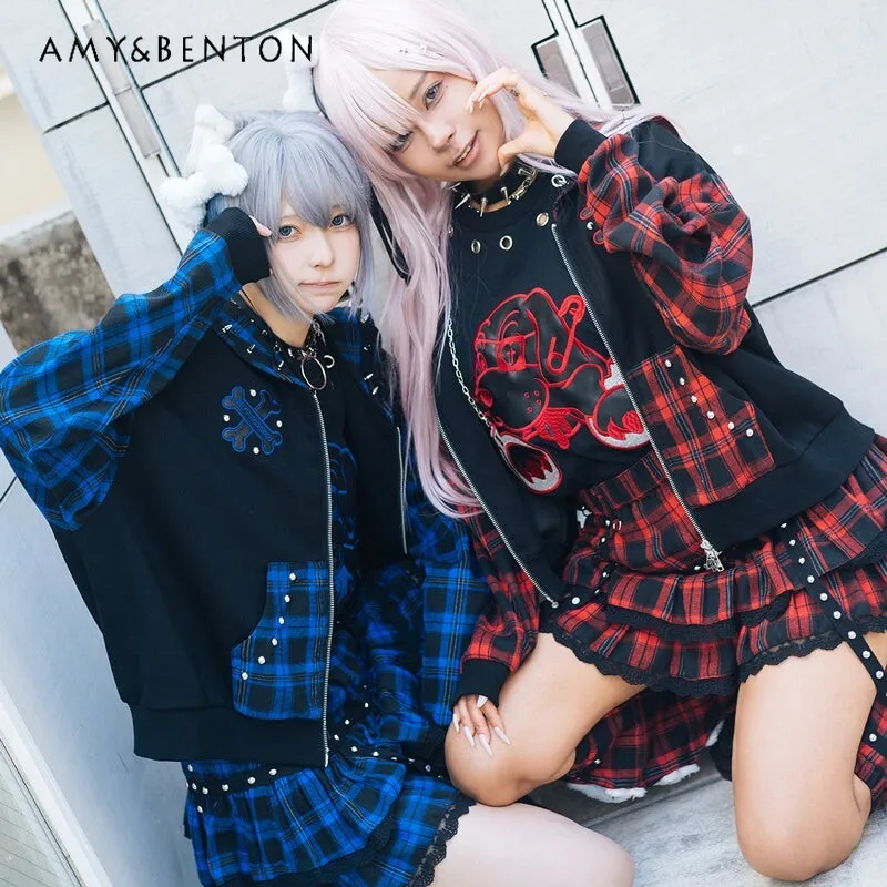 

Japanese Harajuku Style Spice Girl Punk Plaid T-Shirt Sailor Collar Jacket Casual Pants Short Skirt Leg Cover Subculture Outfits