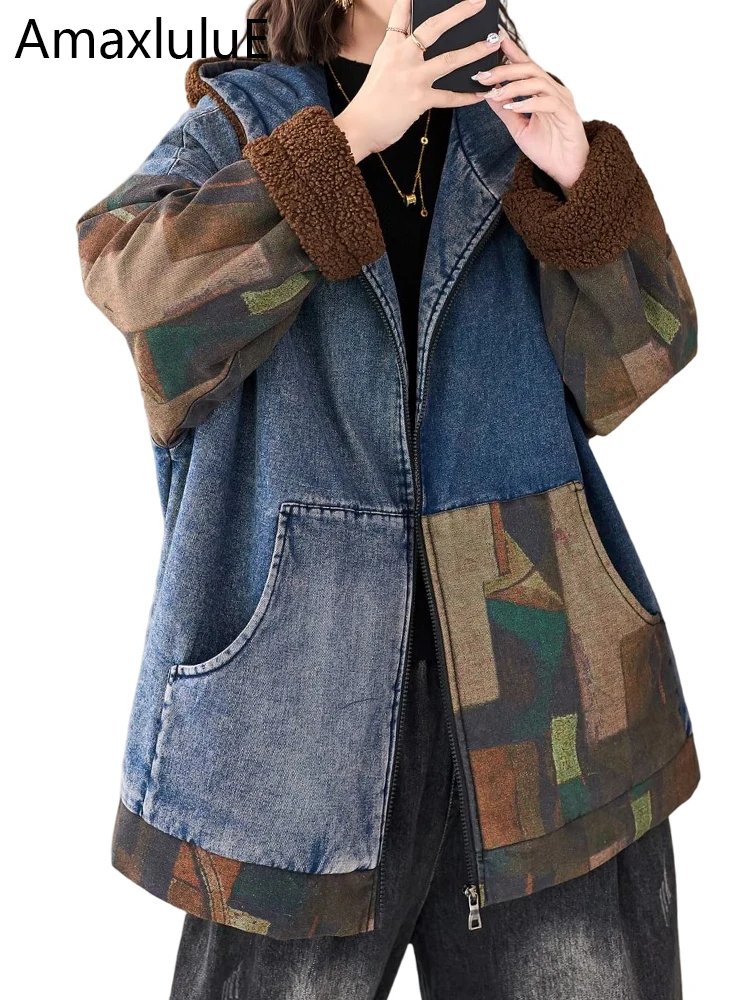 

Amax LuluE зимние парки с принтом, женские модные свободные джинсовые куртки с меховой подкладкой и капюшоном, женские повседневные винтажные утепленные пальто