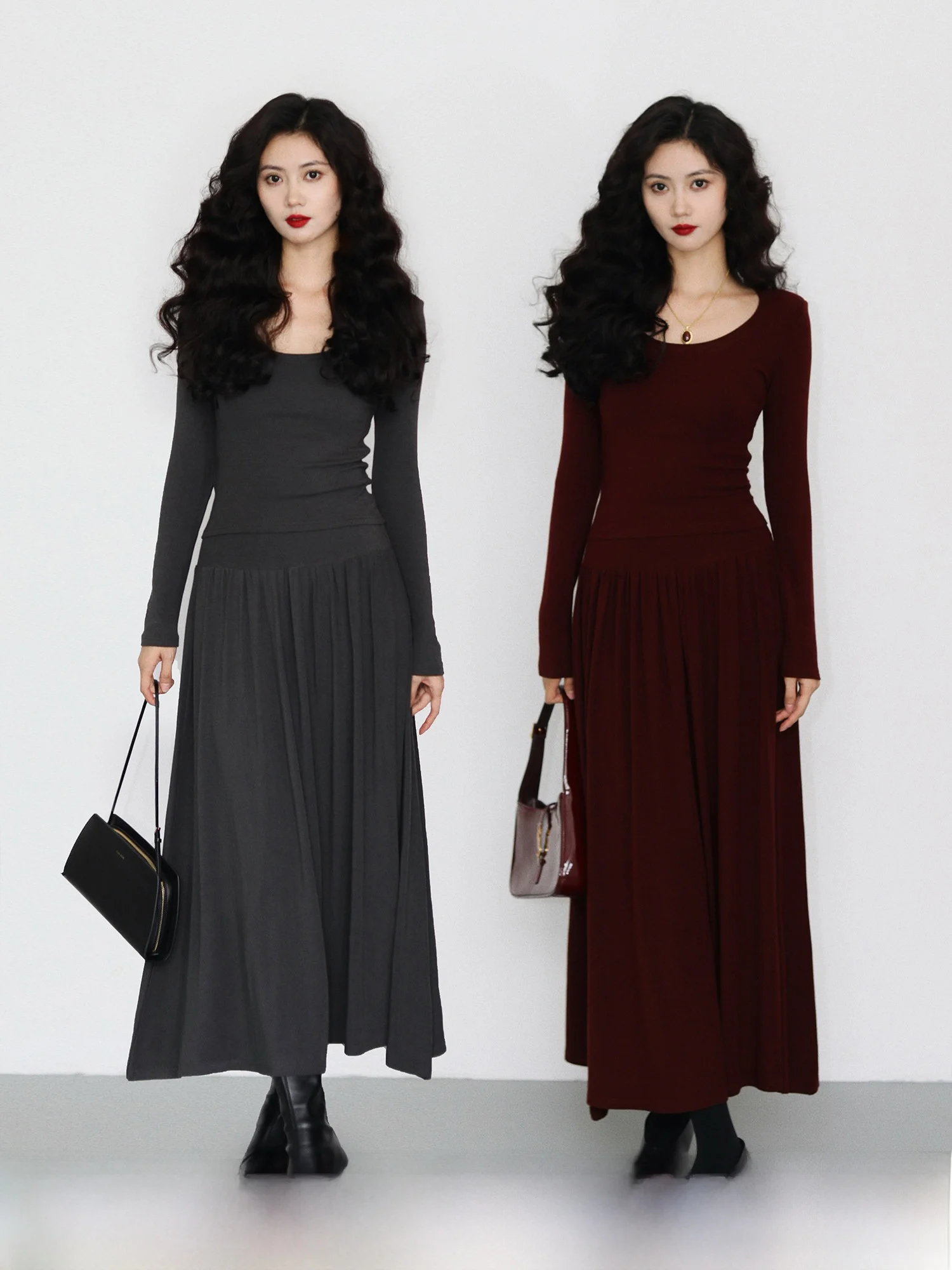 

Комплект TAIYANG OFFICE: Женский модный офисный костюм-двойка (футболка с длинным рукавом и юбка миди) Весна 2025, тонкий, с круглым вырезом