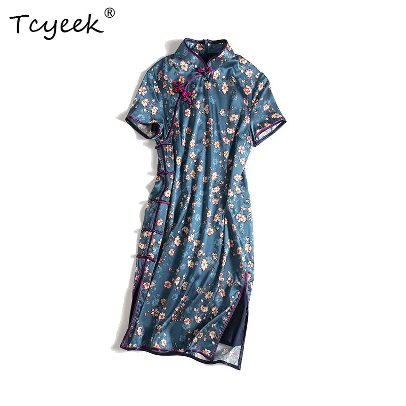 

Tcyeek, элегантные платья из 95% натурального шелка, женские платья с коротким рукавом и цветочным принтом, ретро Cheongsam в китайском стиле, лето 2024, D46517QM