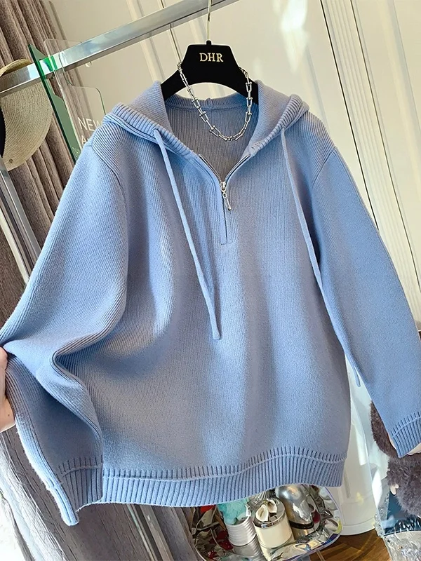 

Extra Large 300 Pounds Women's Hooded Knitwear Casual Loose Fit Autumn Winter Polyester Fiber Long Sleeve Basic Color