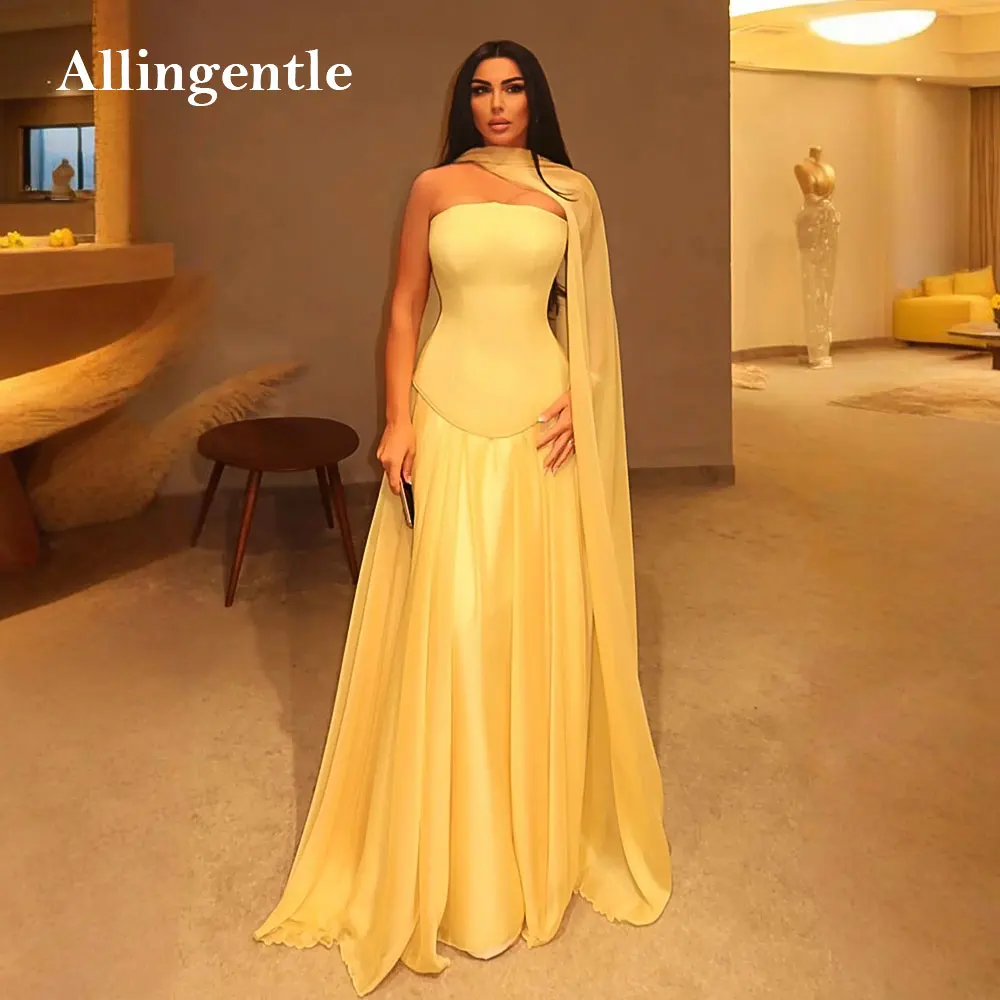 

Yellow Elegant A-line Evening Dress Sexy Strapless Backless Wedding Party Gown Chiffon Long Prom Dresses Sweep Train Customized