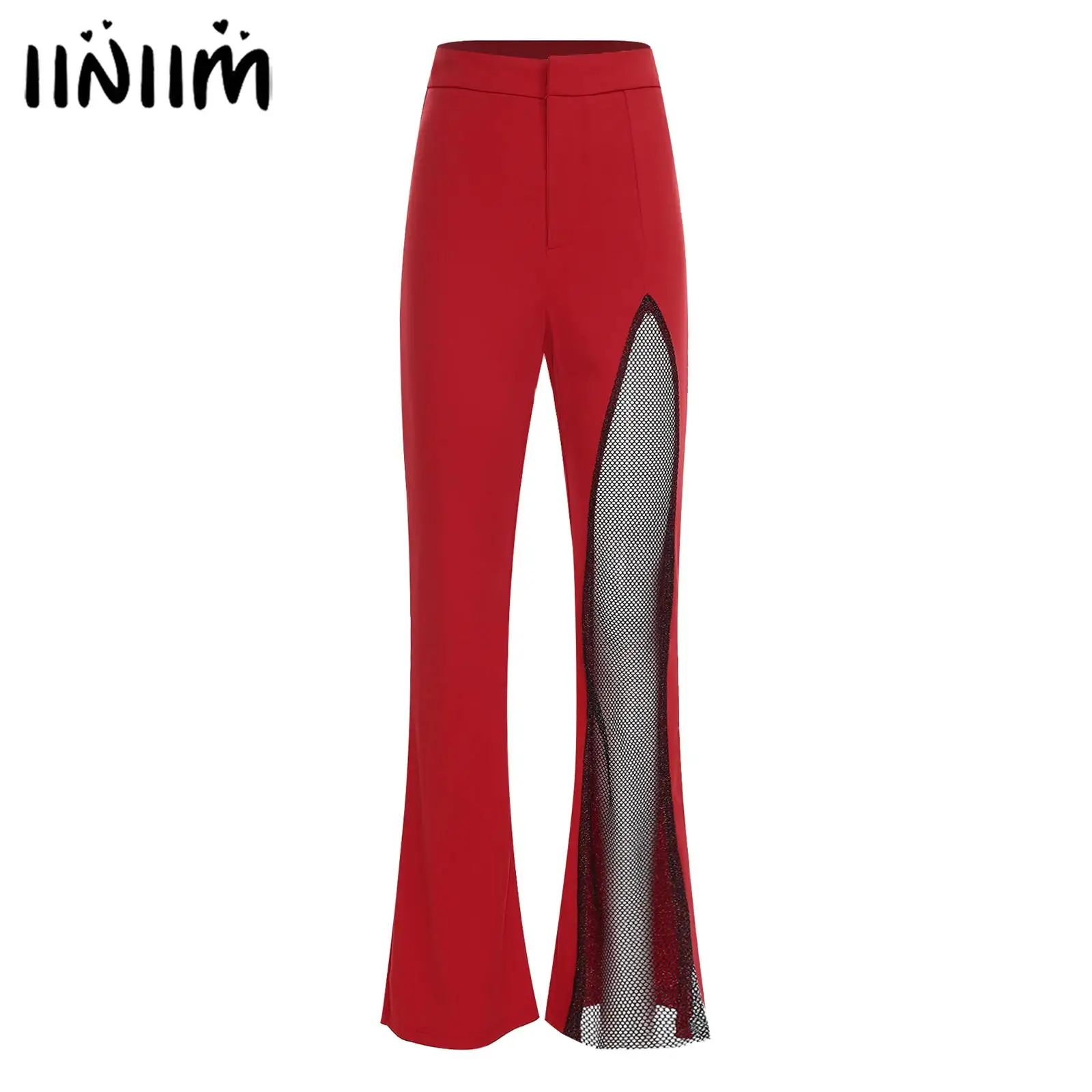 

Женские брюки-клеш с асимметричным кроем, с сетчатыми вставками на одной ноге, длинные, для уличной моды и танцев
