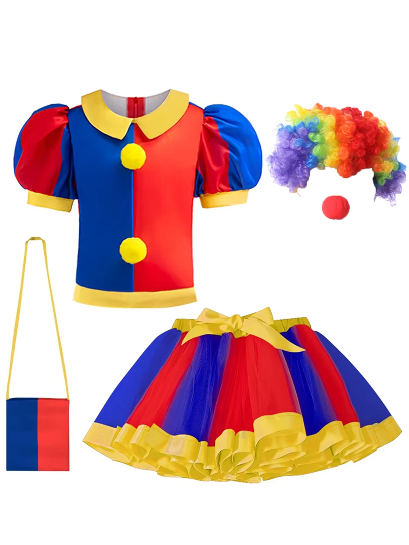 

The Amazing Digital Circus Pomni Girl Cosplay Costume Children Top+Tutu Skirt+Bag+Wig 4Pcs Set Kids Halloween Clown Clothes 1-3Y