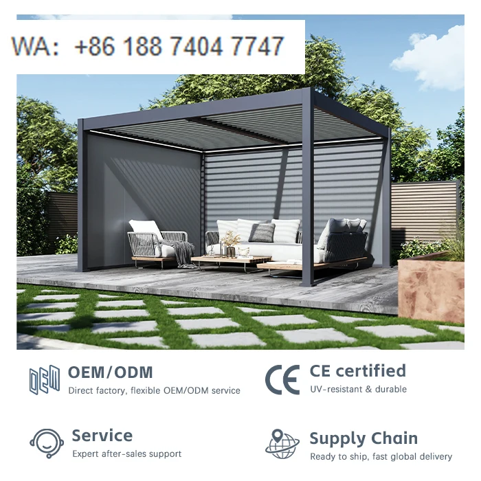 

Modern Motorized Retractable Bioclimatic Eco-Friendly Balcony Gazebo Waterproof Aluminum Louvre Roof Pergola Powder Coated Alloy
