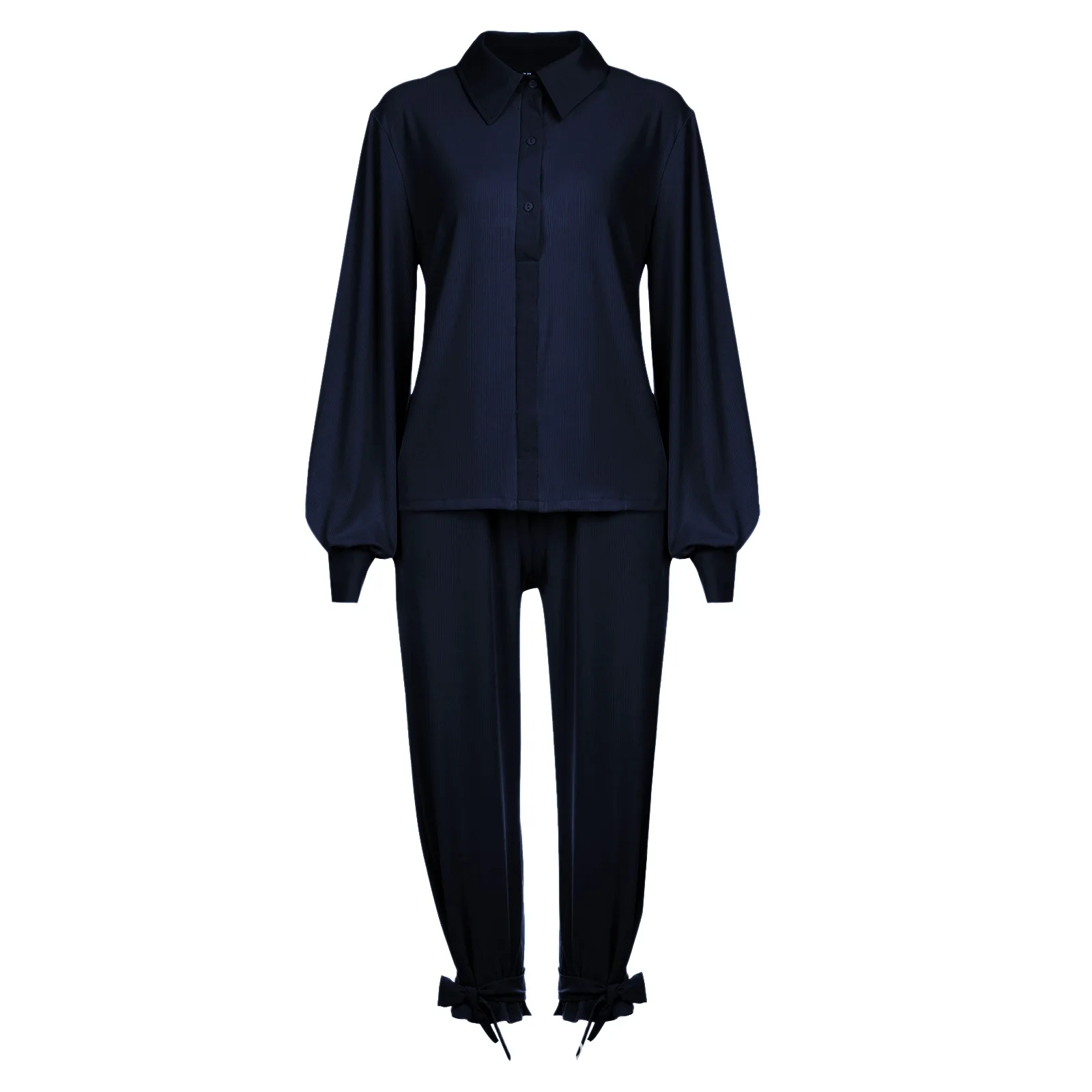 Klassisches, solides Hemd-Hosen-Set für Damen, lässig, locker, langärmelig, Revers, elastische Taille, zweiteiliger Anzug, 2025, neues Sommer-Straßen-Outfit – Detail 10