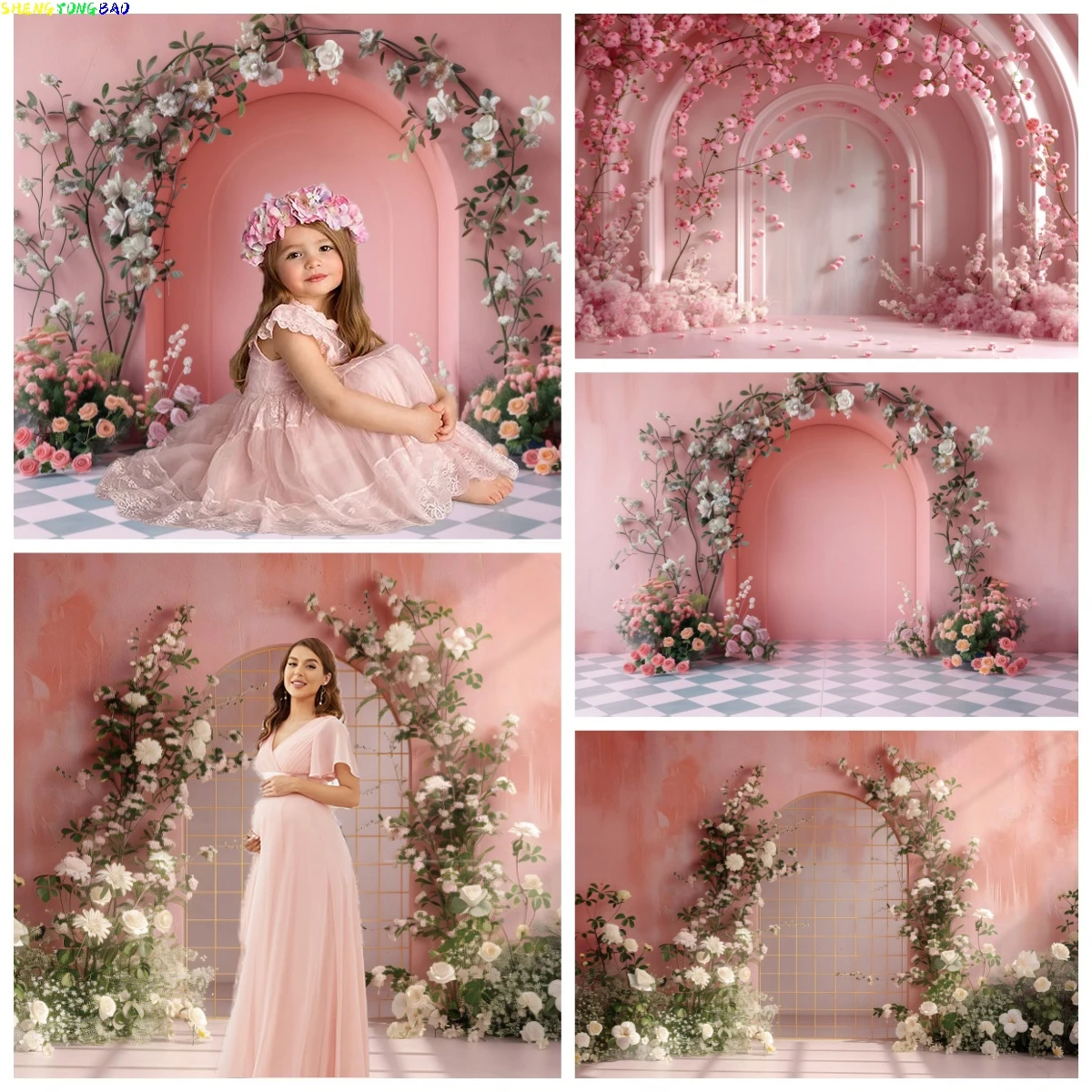 

Pink Arch Floral Backdrop Girls Birthday Decor Wedding Party Maternity Dresses Photoshoot Art Portrait Photography Background