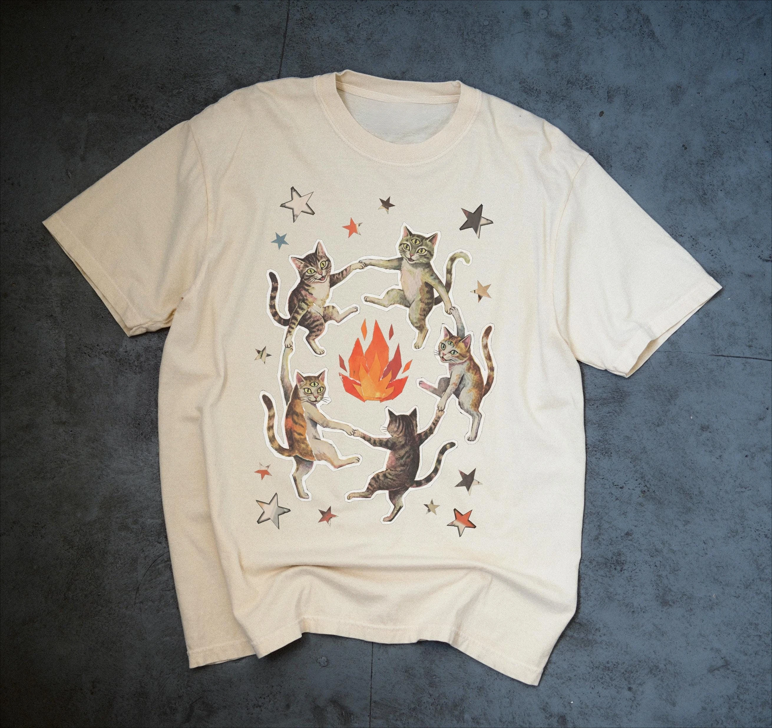 Witchy Ritual Cat Tee, Gothic Cat Coven Shirt, Occult Campfire Graphic, Dark Aesthetic Witchcore Top
