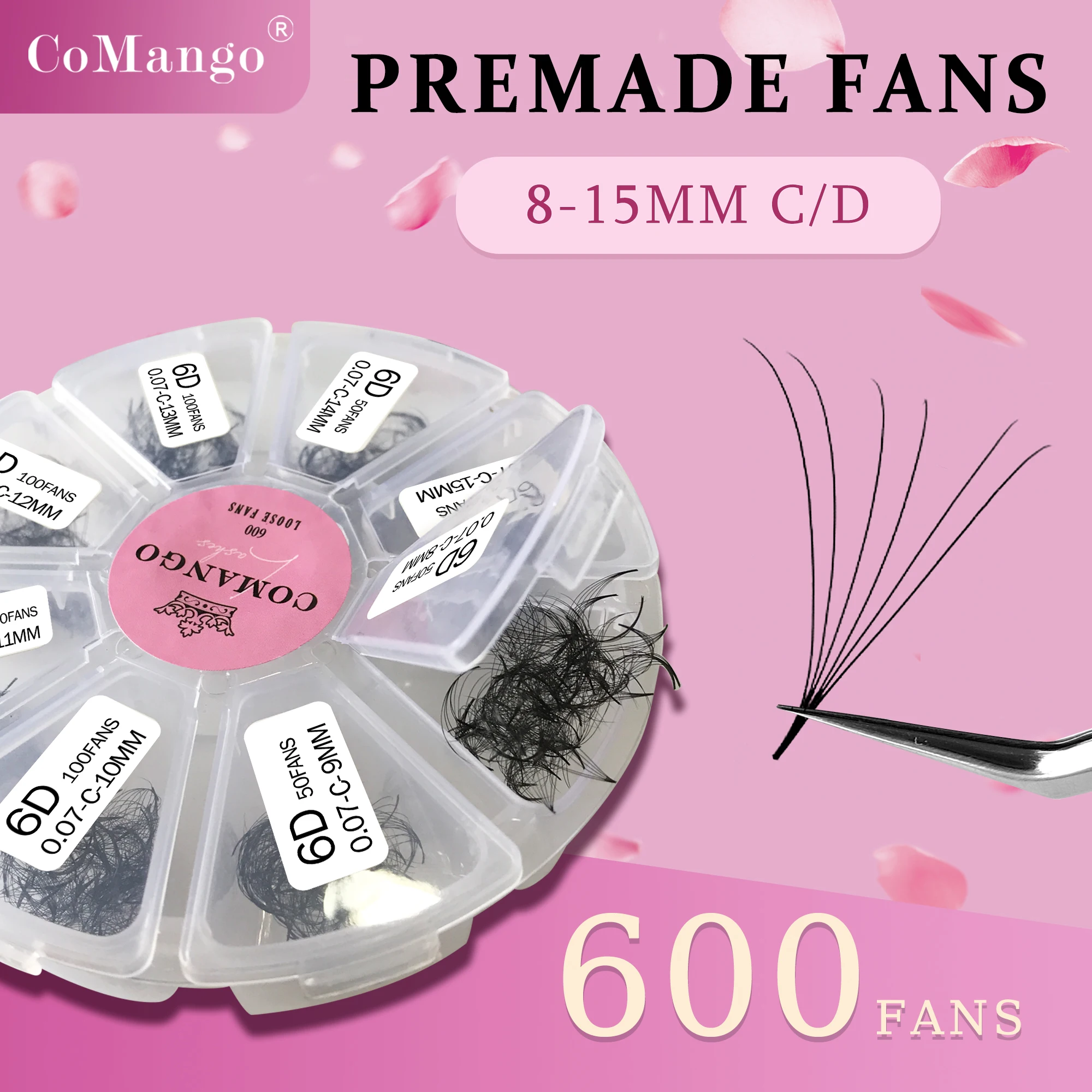 CoMango 8 in 1 600 Loose Fans Premade Volume Fans 3D-16D Mix Lengths Pointy Base Bouquet Lashes Promade Fans Eyelash Extensions