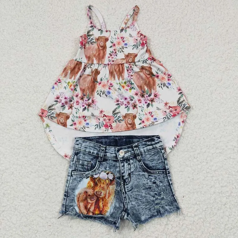 

Wholesale Toddler Western Flower Outfit Highland Cow Summer Floral Tank Top Baby Girl Top Denim Shorts Children Kid Set