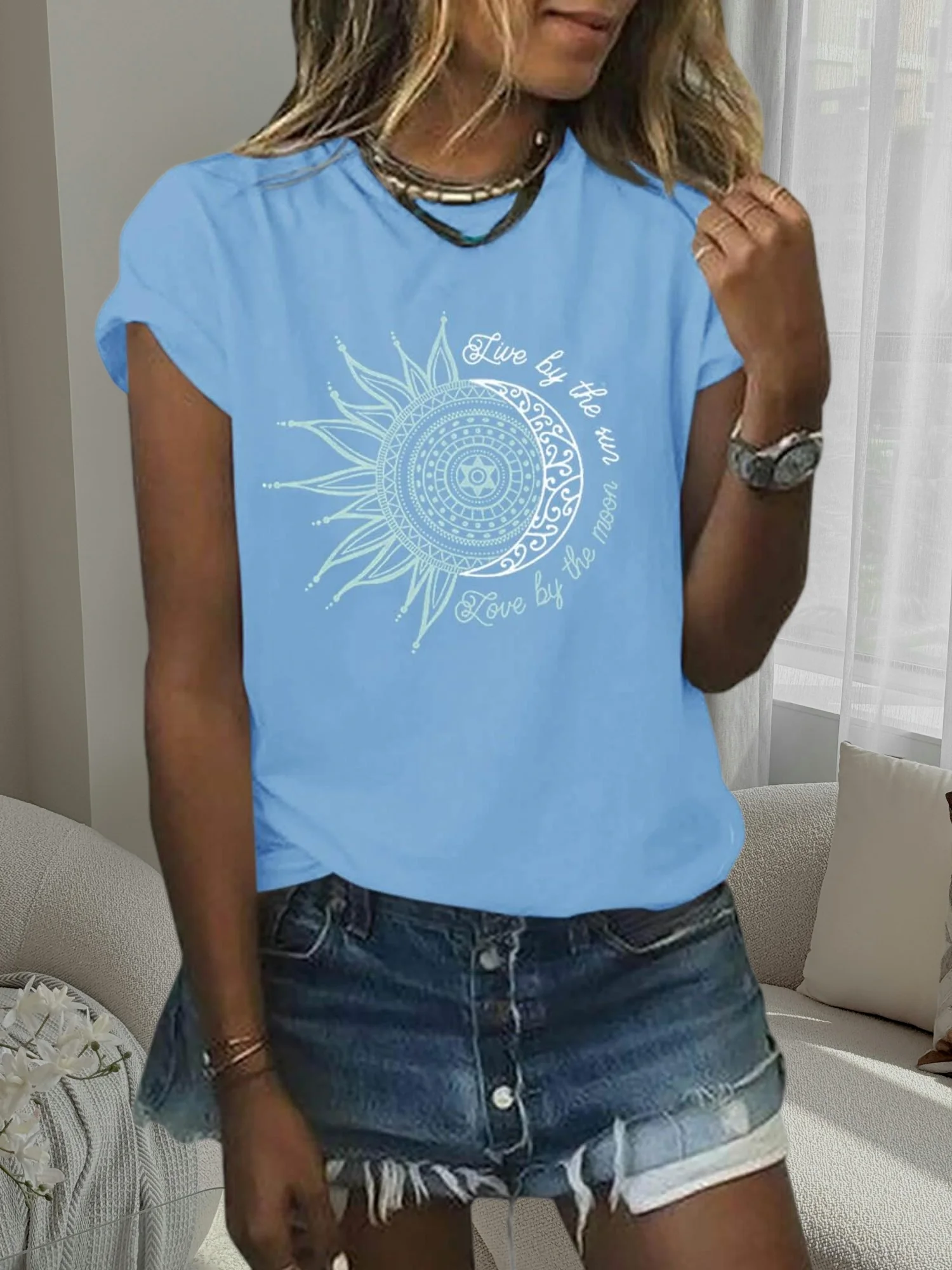 レディース サマー ヴィンテージ サン＆ムーン グラフィック Tシャツ 半袖 カジュアル ルーズ プリント トップス