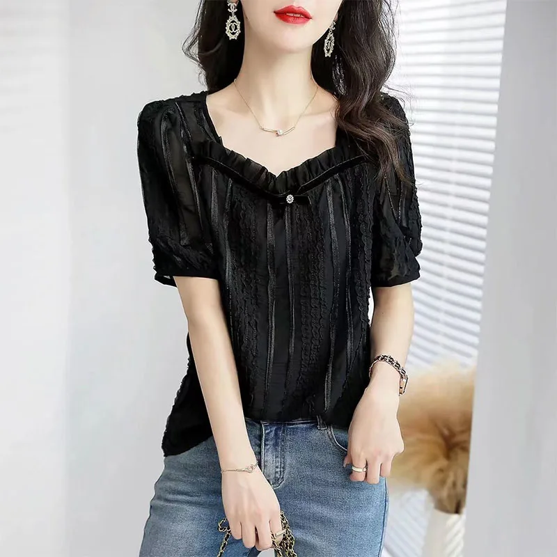 Fashion Women\'s Elegant Blouse Korean Square Collar Bow Lace Cut Spliced Shirt Summer New All-match Short Sleeve Tops for Female