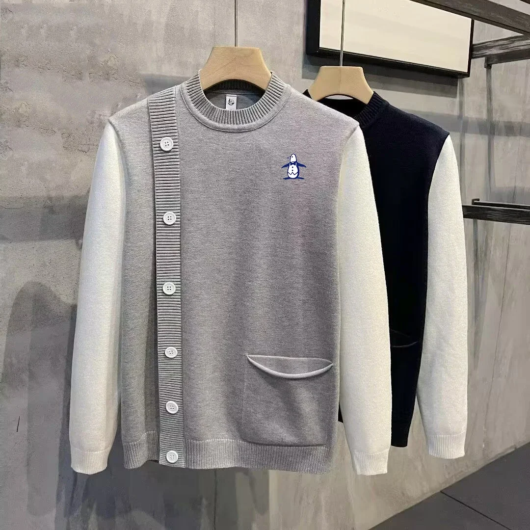 

Men Golf Wear 2025 Autumn Men Golf Knit Pullover Fashion Half High Collar Casual Top Korean Fake Two Items Men's Golf Sweater