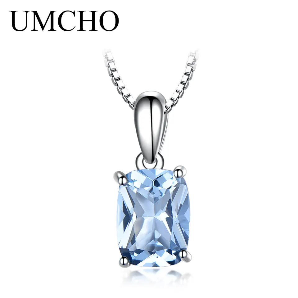 

925 Sterling Silver Pendants Sky Blue Topaz Necklace Cushion 6*8mm Pendant 45cm Chain