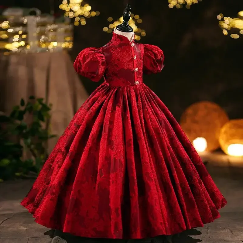 Chinese Style Long Ball Gowns for Young Girls Infant Girl Puff Sleeves Floral Dress Children Vintage Boutique Kid Formal Vestido