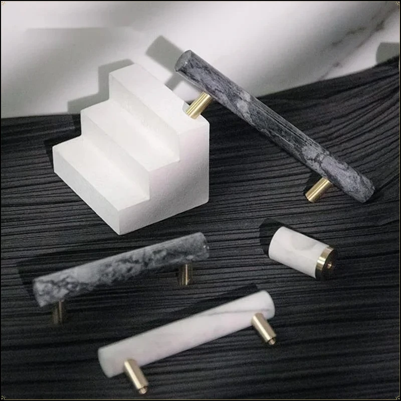 Natural Marble Brass T Bar Pulls & Round Knobs Kitchen Cabinet Dresser Drawer Door Furniture Hardware Handles