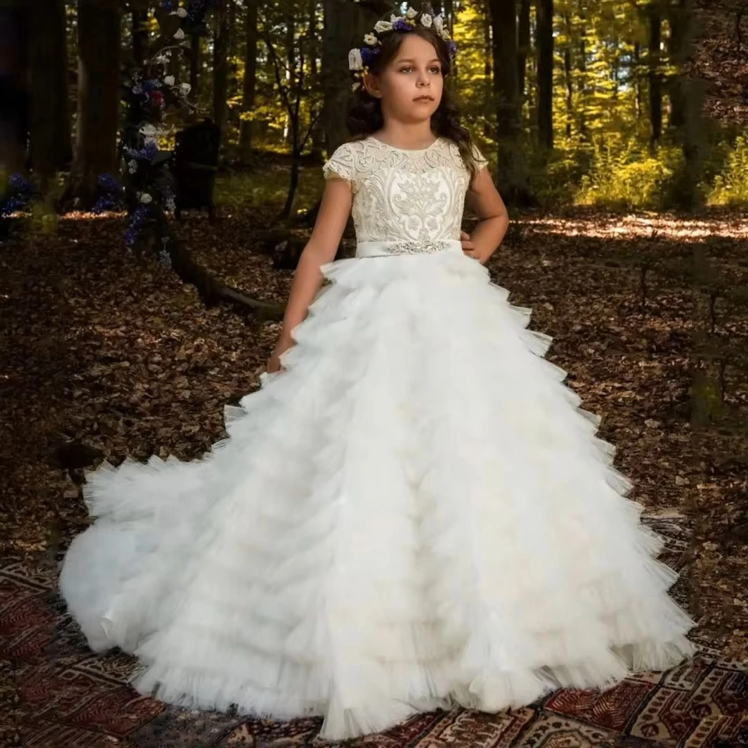 

Customized White Flower Girl Dress Tulle Tiered Floral Appliques Short Sleeve For Wedding Birthday Prom Banquet Communion Gown