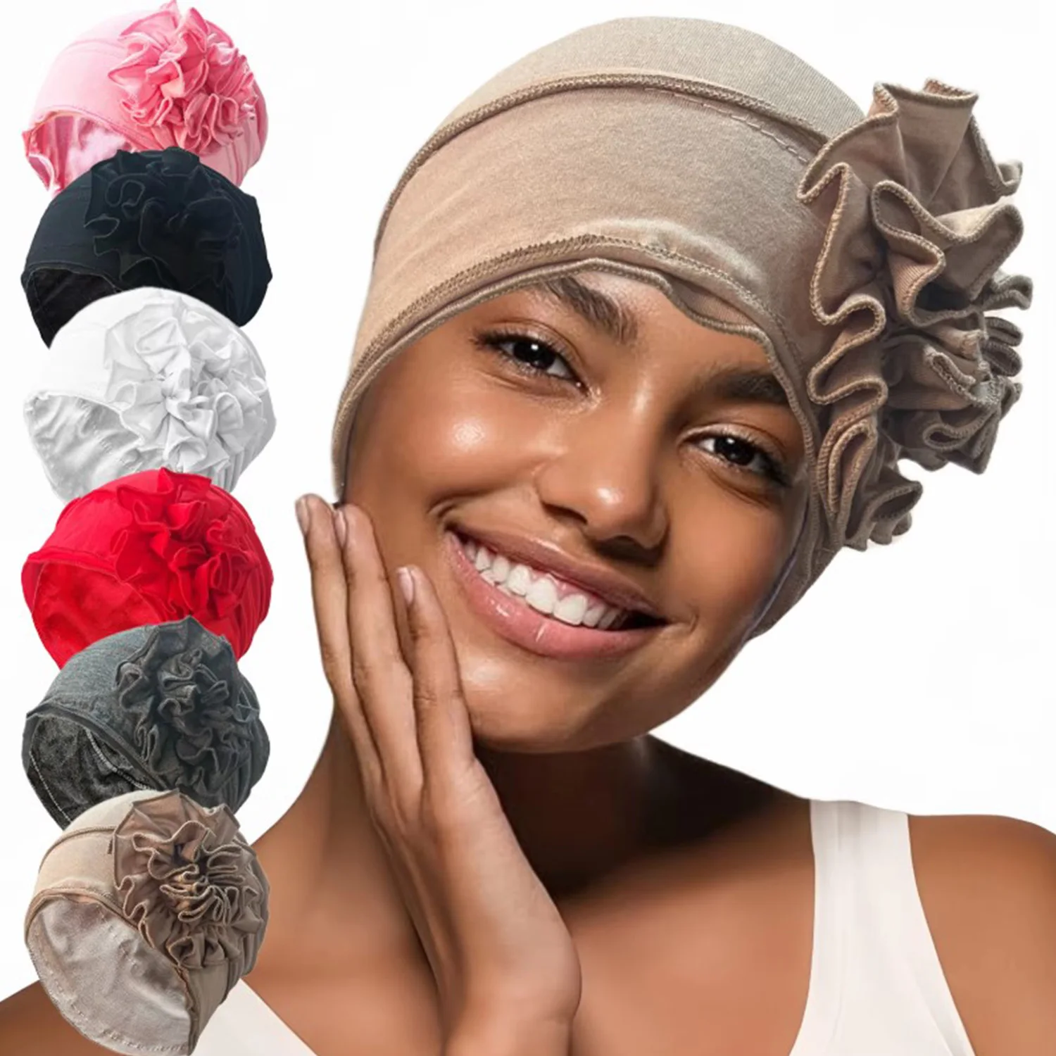 Women's Hijabs Turban Big Flower Elastic Cloth Hair Bands Hat Beanie Ladies Muslim Solid Hair Loss Scarf Cap Hair Accessories