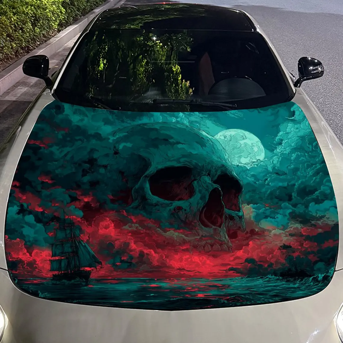 Nether Sea Skull Red Moon Lone Boat Car الفينيل التفاف، المواد البلاستيكية مقاوم للماء ملصق غطاء السيارة، ذاتية اللصق مقاومة للخدش St