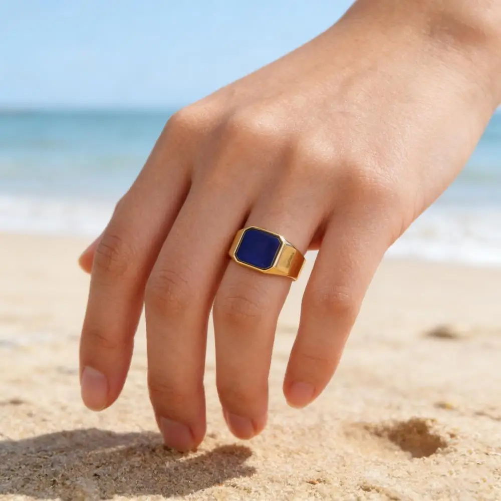 Gold Color Square Stainless Steel Rings For Men Women Vintage Purple Enamel Female Male Couple Engagement Wedding Bands Jewelry