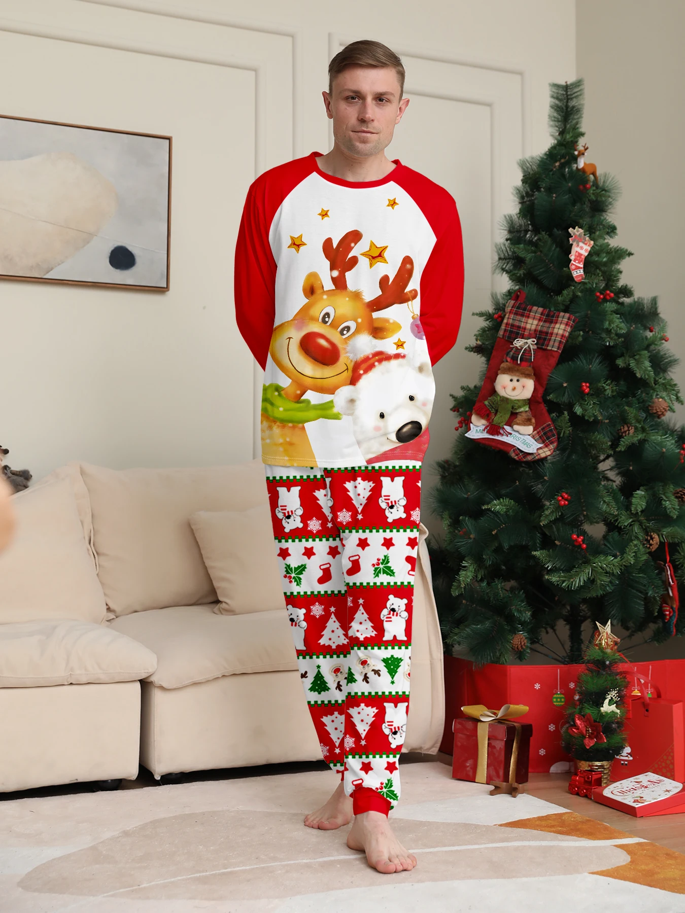 

Men's Christmas Pajama Ensemble, Reindeer & Polar Bear Motif, Festive Patterned Pants