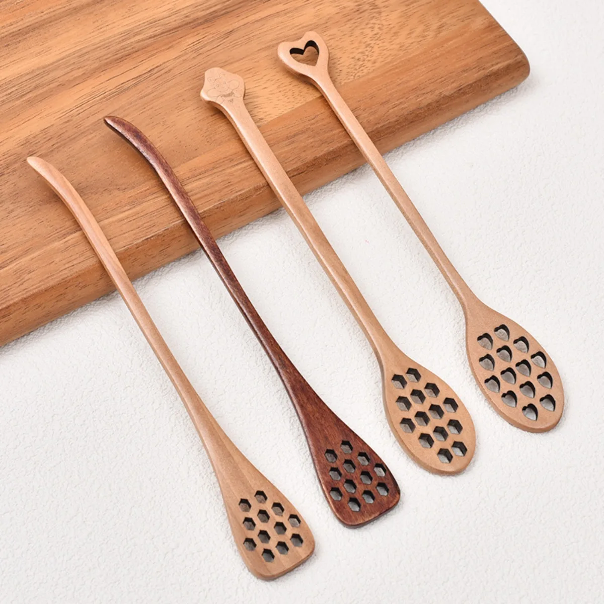 Wood Honey Spoons with Cutout Long Handle Wooden Honey Dipper Sticks for Honey Jar Coffee Tea Yogurt Stirring Spoons Utensils
