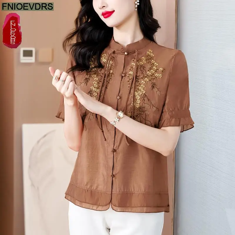 M-4XL-Tops morados con pajarita bordada para mujer, ropa básica de oficina con cuello levantado, camisas Retro Vintage elegantes, 2024