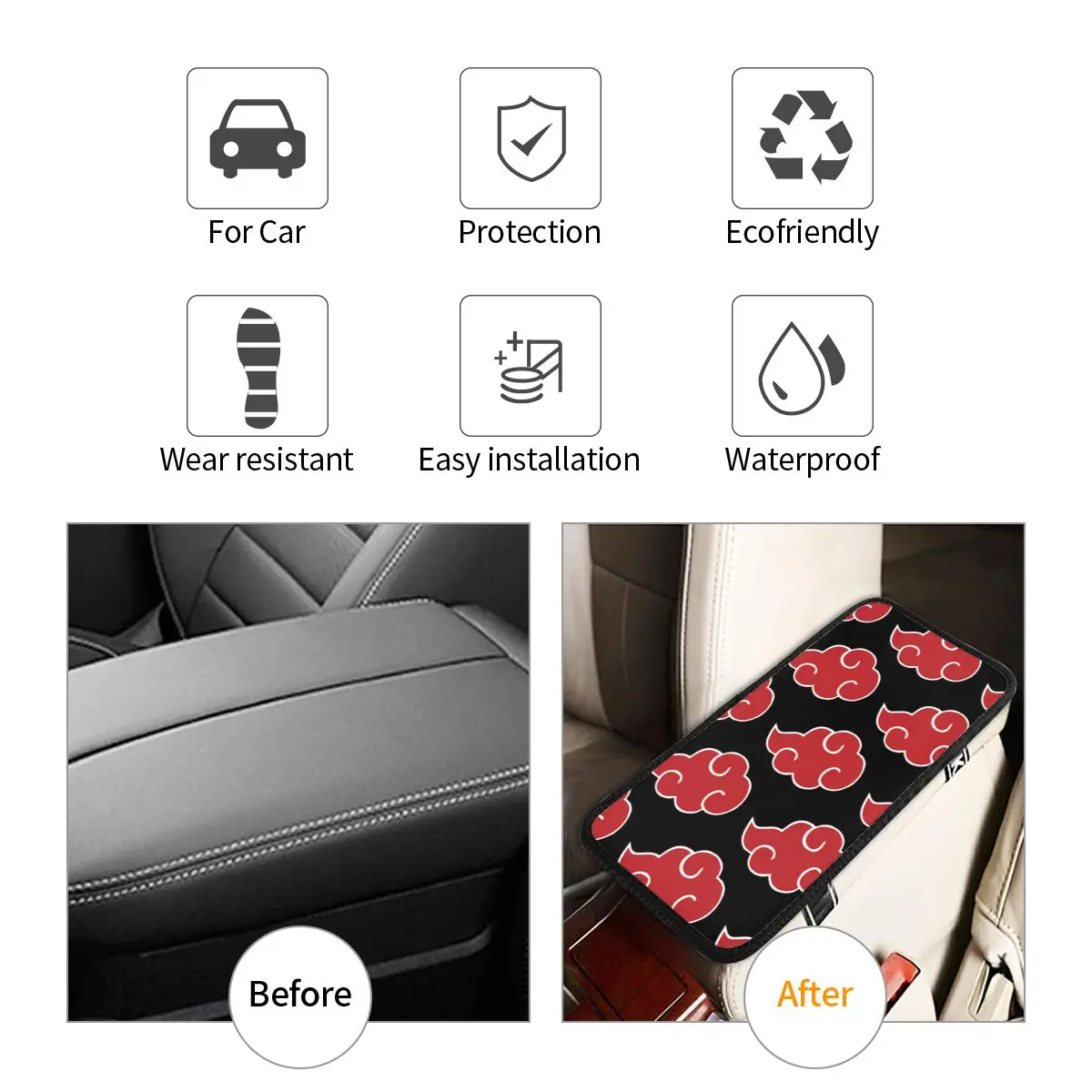 Car Arm Rest Cover Mat Leather Japan Anime Akatsuki Clouds Center Console Cover Pad Konoha Neji Storage Box Pad Cushion